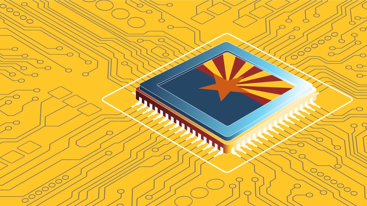 Illustration of a computer chip with an Arizona flag on it